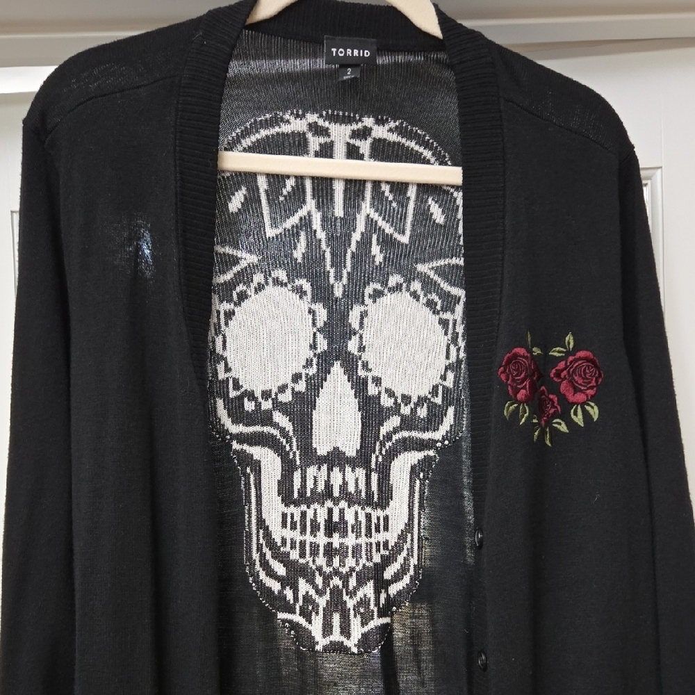 Torrid Black Cardigan with Skull and Rose Embroidery